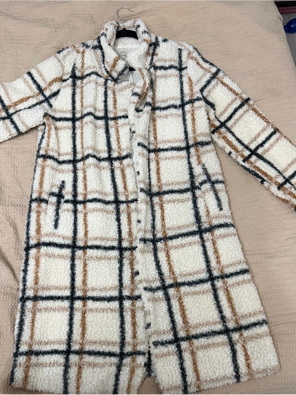 Stoosh Cream Sherpa Plaid Pea Coat with Black and Tan Accents